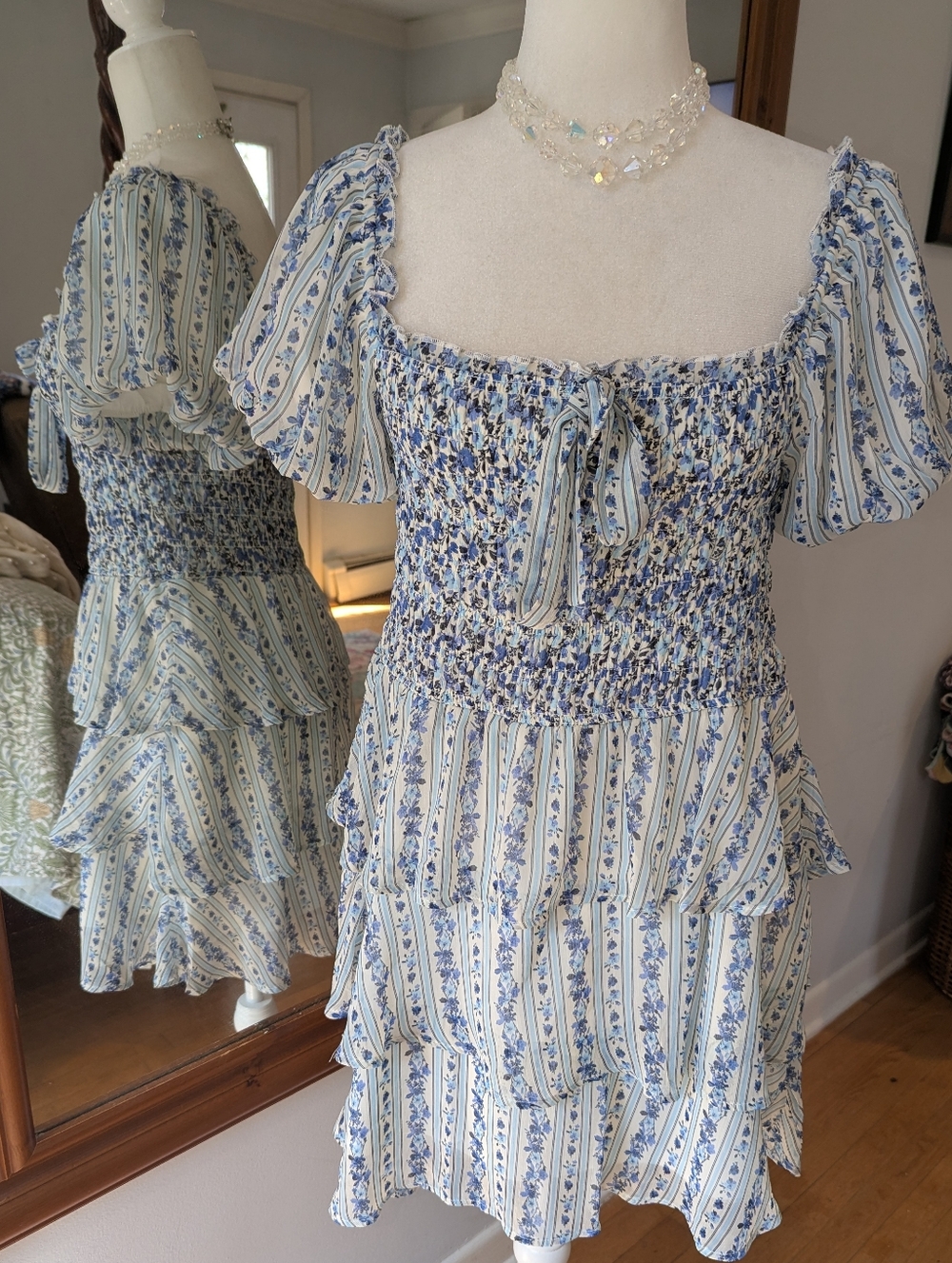 Francesca's Collections Blue and White Floral Smocked Tiered Mini Dress